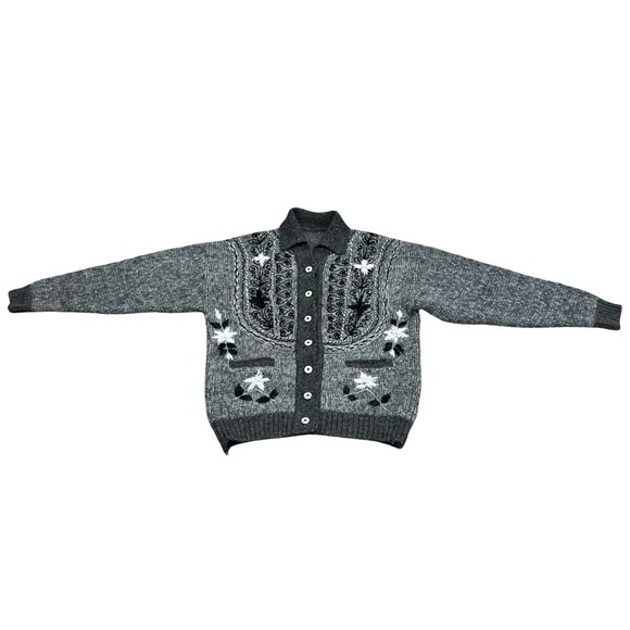 Vintage Wool Knit Cardigan Gray Embroidered Women's Jacket XL - Picture 3 of 6